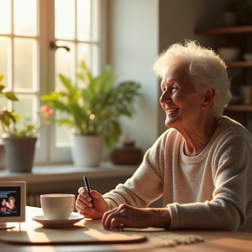 Older Woman table smiling happy