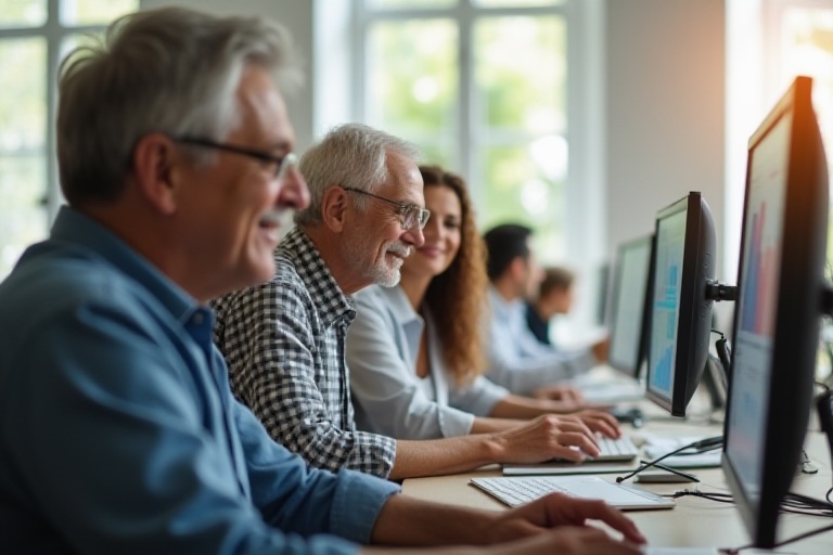 Two Older Men working online with AI for their business