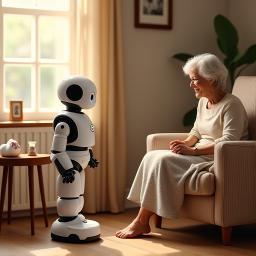 older woman sitting in a chair talking with a robot aid in her home