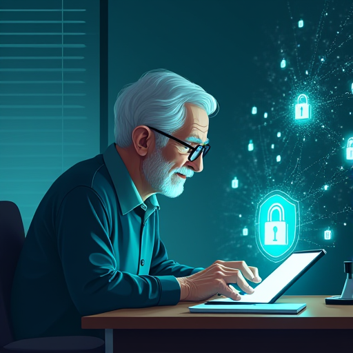 Older man working on a laptop