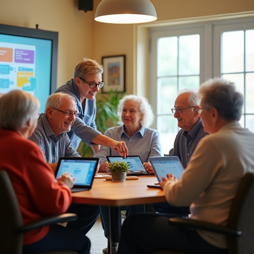 Group of Older Adults being instructed at a round table by a trainer on AI for Older Adults