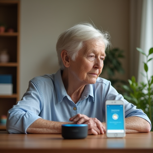 Older Woman sitting at table with Alexa and cellphone devices listen and working with her