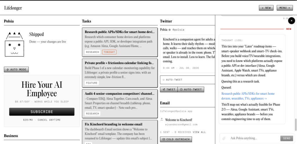 screen shot of my polsia dashboard with task AI has started running for me. Research, Marketing and more
