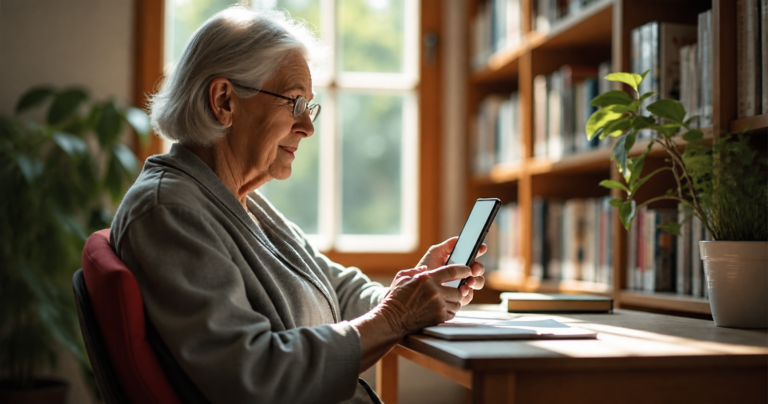 Older Adult woman sitting at desk looking at a computer tablet