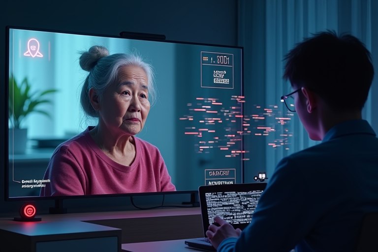 Older woman being watch by a computer and somene watch the screen image
