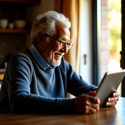 Older Adult man review AI Information on his tablet
