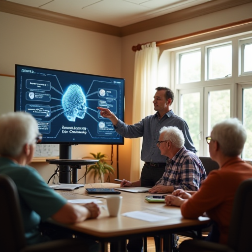 older adults in a classroom being instructed on AI Scams