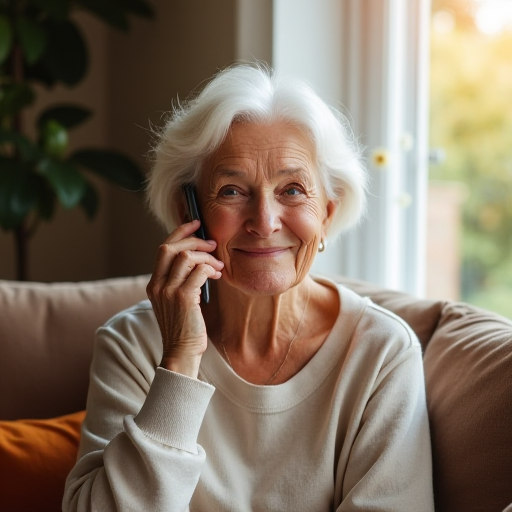 Older Adult woman on cellphone accepting an AI inbound call check-in