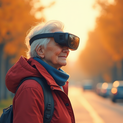 Older Adult woman using AI Visual Assistance Goggles