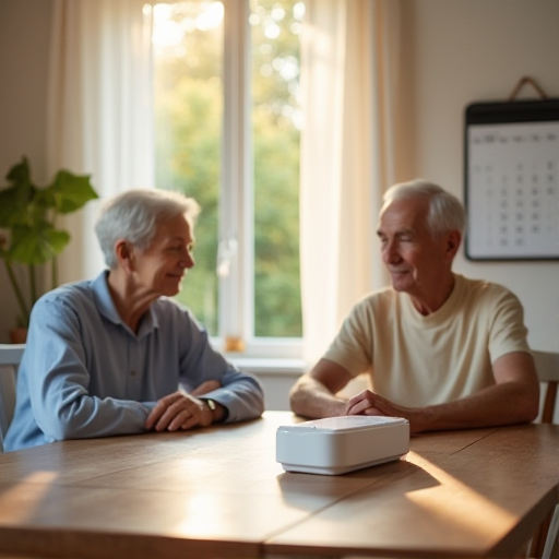 Two older adults sitting at kitchen table. on table is the medical ai RX box to dispense medications.