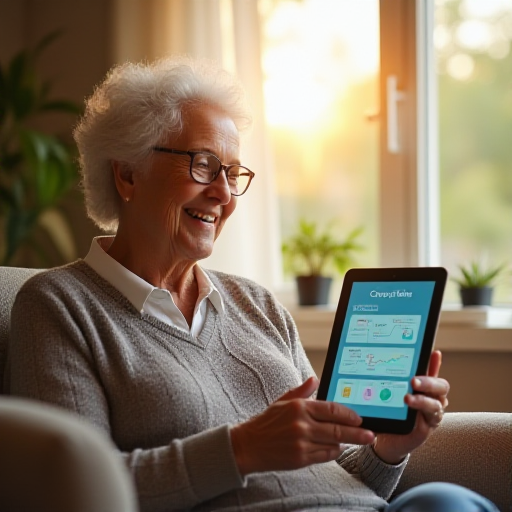 Older Adult woman holding a tablet using AI Medical information on dispay